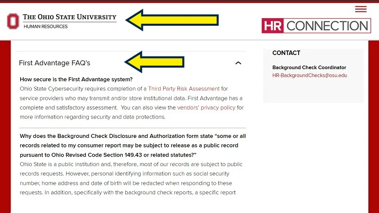 Screenshot of the Ohio State University website page for HR with yellow arrows on First Advantage FAQs.