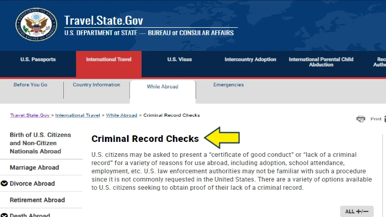 Screenshot of U.S. Department of State website page for international travel with yellow arrow on criminal record checks.