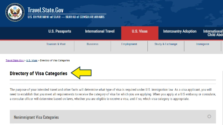 Screenshot of U.S. Department of State website page for U.S. visa with yellow arrow on directory of visa categories.