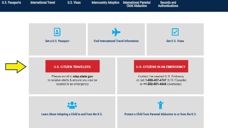 Screenshot of U.S. Department of State website page travel with yellow arrow on link for registration of U.S. citizen international travelers. 