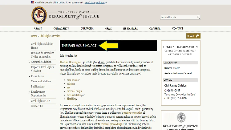 Screenshot of U.S. Department of Justice website page for Civil Rights Division with yellow arrow on Fair Housing Act.