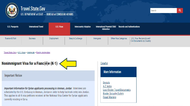 Screenshot of U.S. Department of State website page for U.S. Visas with yellow arrow on K-1: Nonimmigrant Visa for a fianc(é)e.