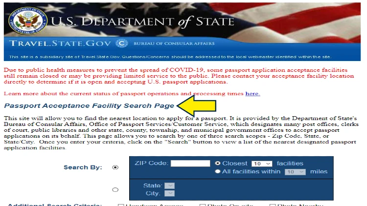 Screenshot of U.S. Department of State website page for travel with yellow arrow on Passport Acceptance Facility Search Page.