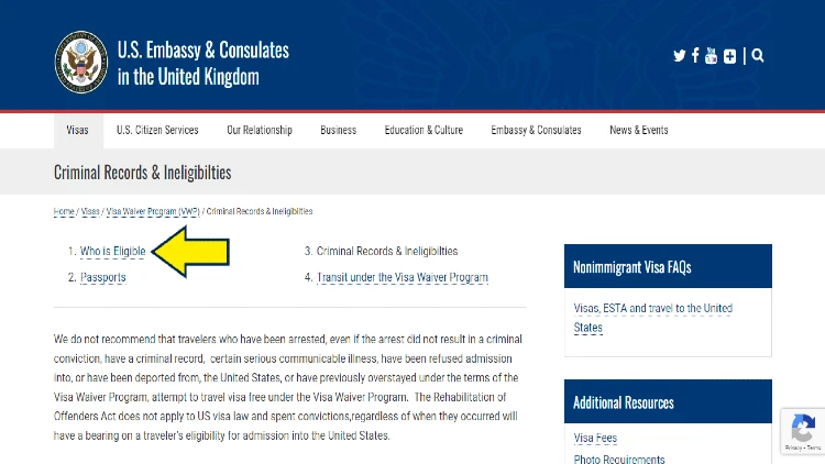 Screenshot of U.S. Embassy and Consulates website page for United Kingdon with yellow arrow on who is eligible for Visa Waiver Program.