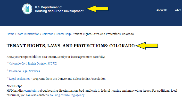 Screenshot of U.S. Department of Housing and Urban Development website page for state information with yellow arrow on tenant rights, laws, and protections in Colorado.