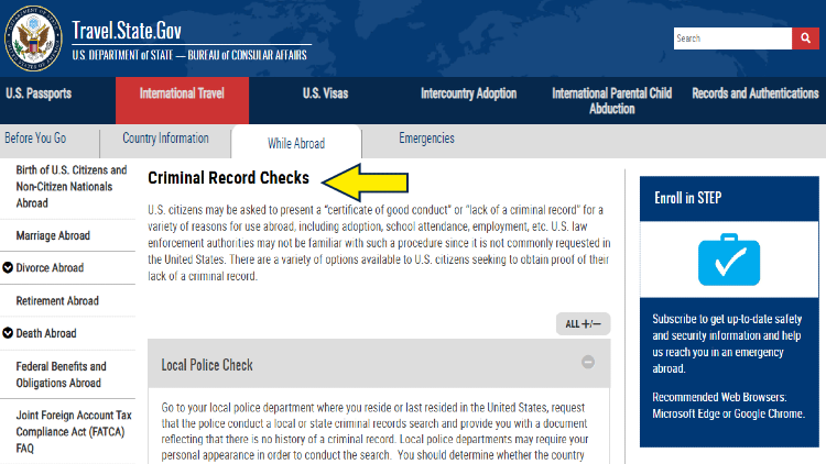 Screenshot of U.S. Department of State website page for international travel with yellow arrow on criminal record checks.