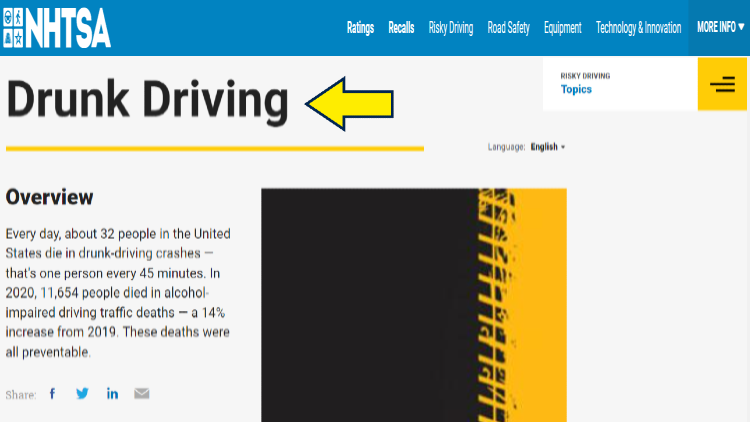 Screenshot of NHTSA website page for driving with yellow arrow on drunk driving.