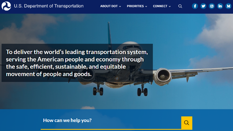 Screenshot of U.S. Department of Transportation (U.S. DOT) homepage.