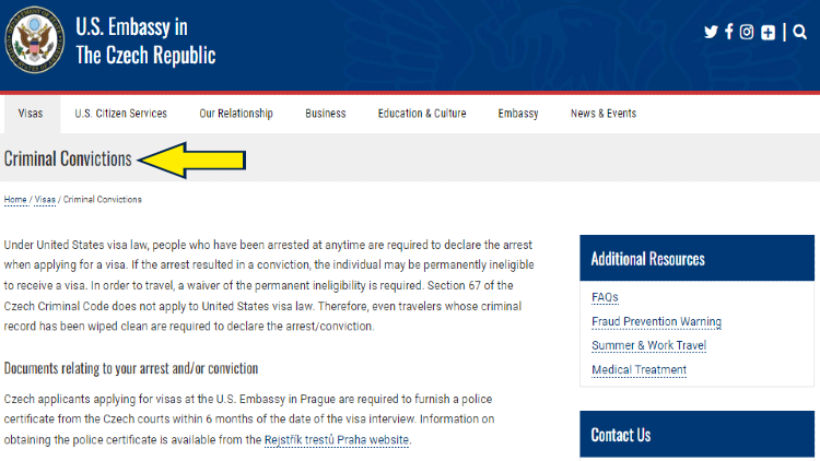 Screenshot of US Embassy in Czech Republic website page about Visas with yellow arrow pointing to criminal convictions.
