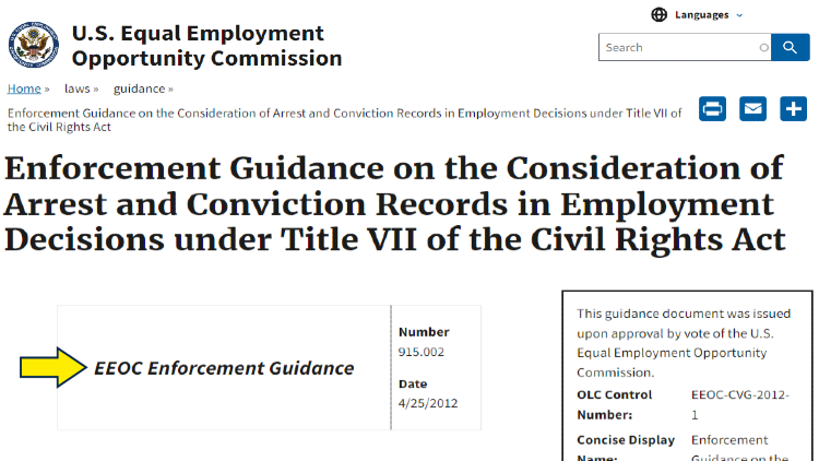 Screenshot of U.S. Equal Employment Opportunity Commission website page about enforcement guidance on the consideration of arrest and conviction records in employment decisions under title 7 of the civil rights act with yellow arrow pointing to EEOC enforcement guide.
