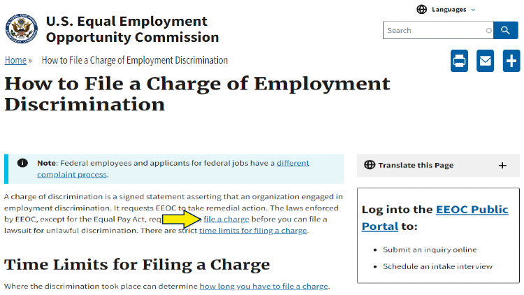 Screenshot of U.S. Equal Employment Opporunity Commission website page about employment discrimination with yellow arrow pointing to the link on how to file a charge.