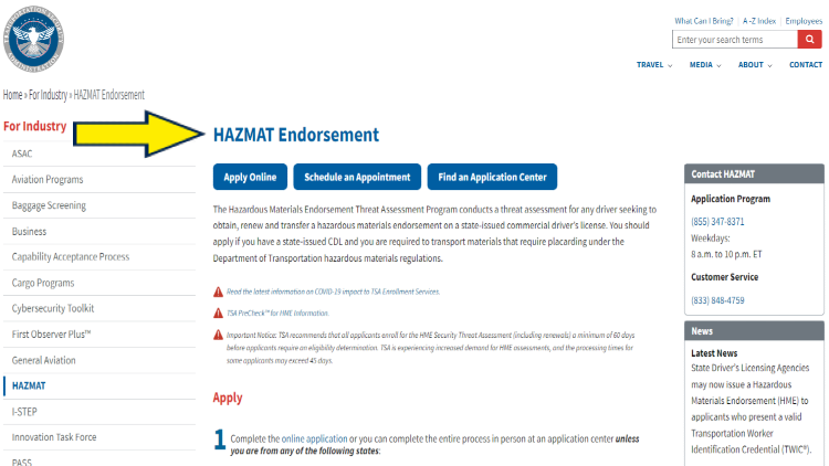 Screenshot of Transportation Security Administration (TSA) website page for HAZMAT with yellow arrow on guidelines for HAZMAT endorsement.