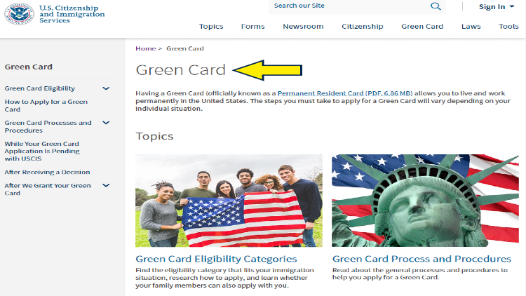 Screenshot of U.S. Department of Homeland Security for USCIS with yellow arrow on information for green card.