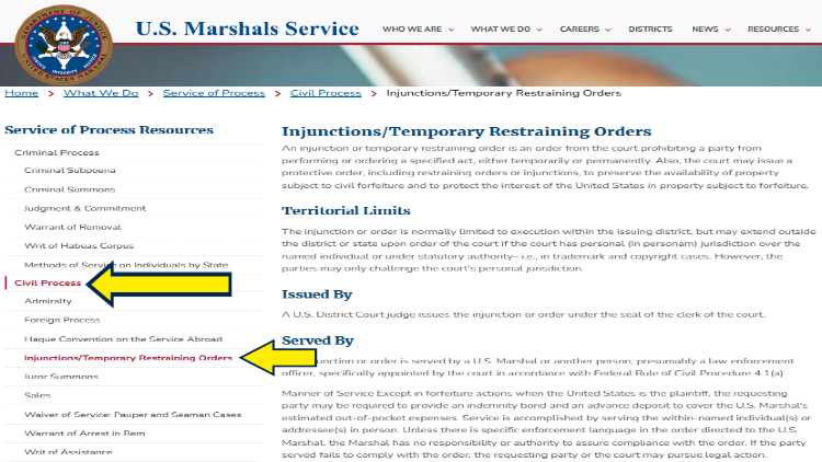 Screenshot of U.S. Marshals Service website page for Civil process with yellow arrows on injunctions/temporary restraining orders. 