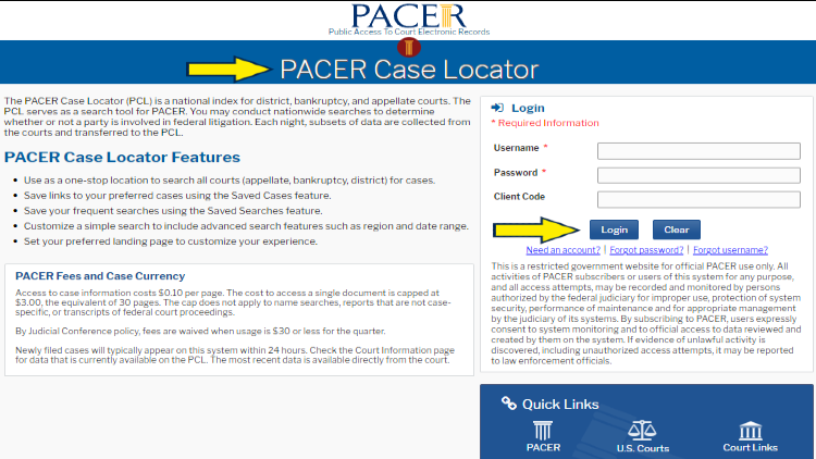 Screenshot of Federal Judiciary website page for PACER with yellow arrows on PACER case locator login page.