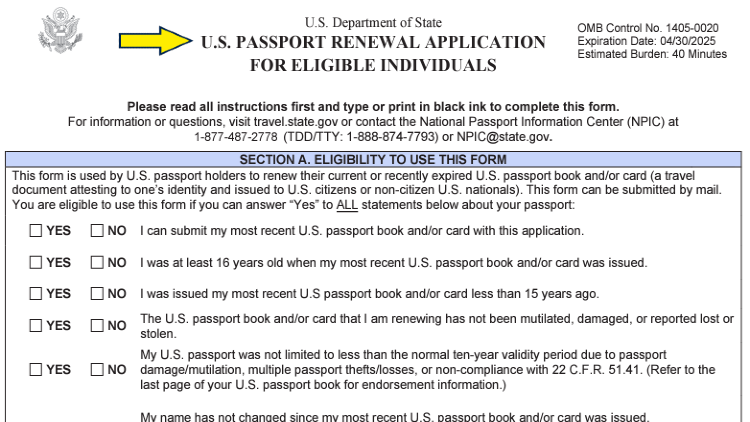 Screenshot of the U.S. passport renewal application form for eligible individuals with yellow arrow pointing to the questionnaire.