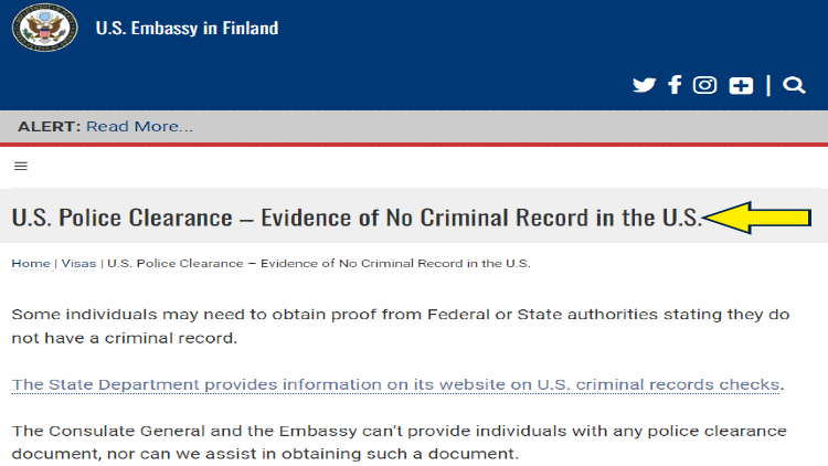 Screenshot of U.S. Embassy in Finland website page for visas with yellow arrow on US police clearance evidence of no criminal record din the U.S.