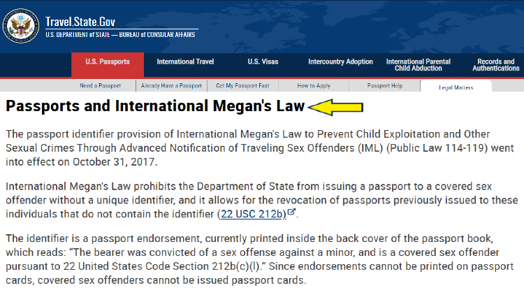 Screenshot of U.S. Department of State website page for U.S. Passports with yellow arrow on passports and international Megan's Law.
