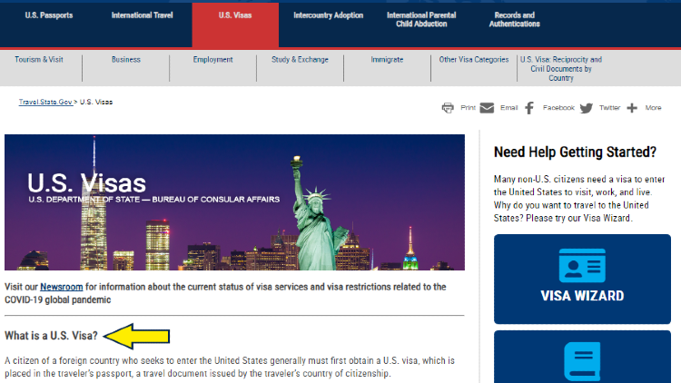 Screenshot of U.S. Visa website page with yellow arrows pointing to the definition.