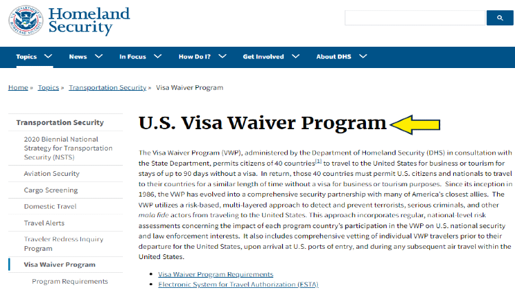 Screenshot of the Homeland Security website page about Visa Waiver Program with yellow arrow pointing to U.S. visa waiver program.
