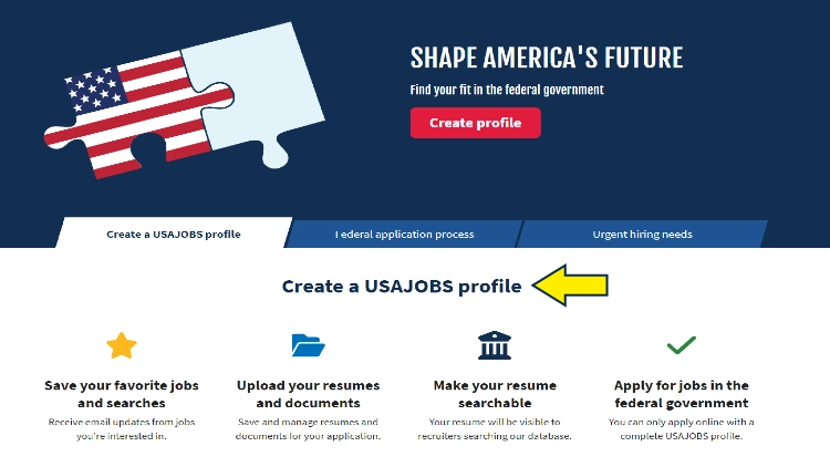 Screenshot of USA Jobs website page for profiles with yellow arrow on create a USAJOBS profile.