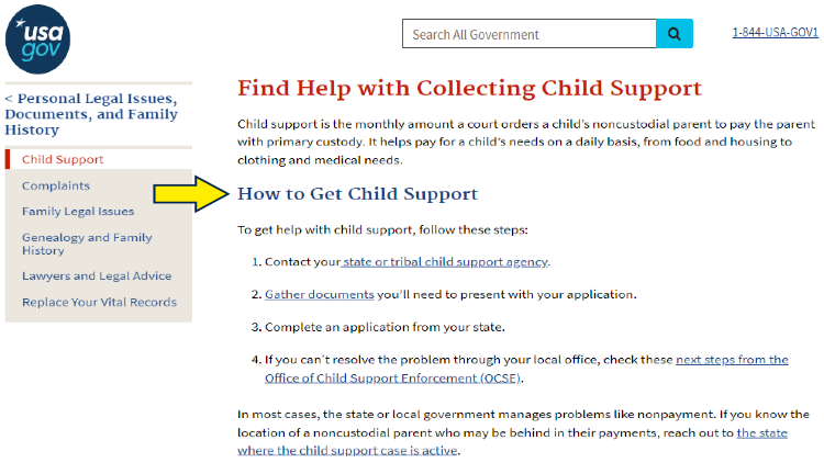 Screenshot of USA.gov website page for child support with yellow arrow on how to get child support.
