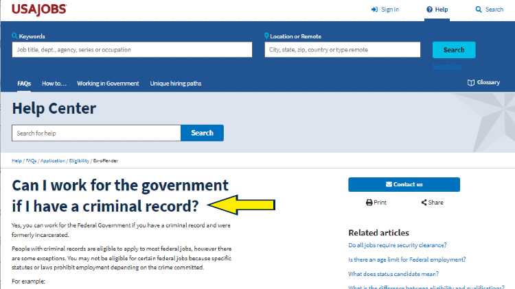 Screenshot of USAJobs website page for FAQs with yellow arrow on can I work for the government if I have a criminal record.