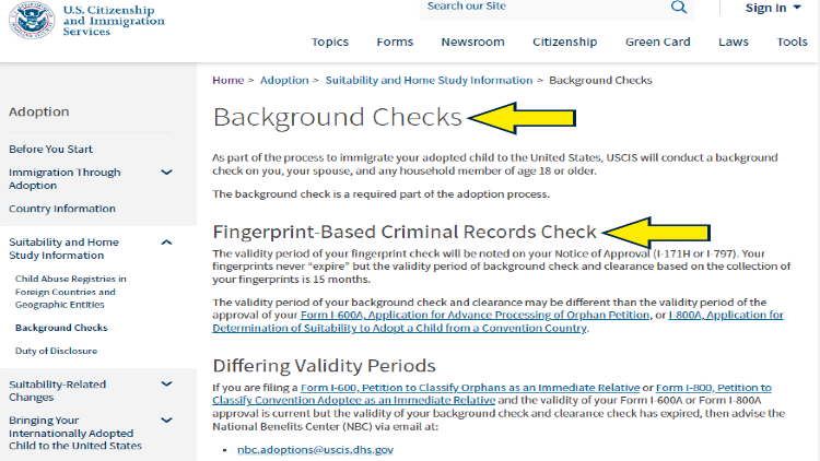 Screenshot of U.S. Department of Homeland Security website page for USCIS with yellow arrows on fingerprint-based criminal records background checks. 