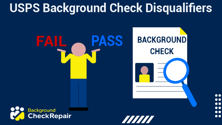 Confused man holds up his hands and wonders what are the USPS background check disqualifiers while looking at a USPS background check document and asking if he passed or failed USPS background check report.