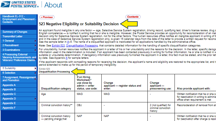 Screenshot of United States Postal Service website page for employee handbooks with yellow arrows on negative eligibility or suitability decision.