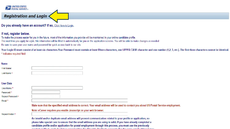 Screenshot of USPS website page for job application with yellow arrow on registration and login.