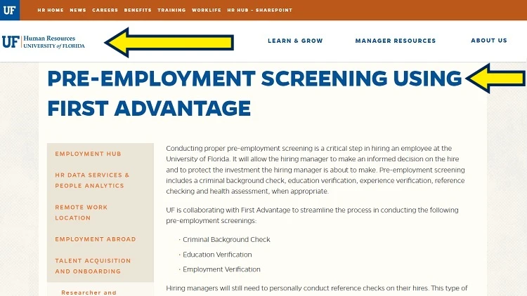 Screenshot of University of Florida website page for employment with yellow arrows on pre-employment screening using First Advantage.