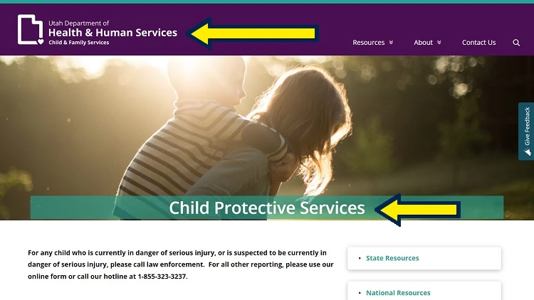 Screenshot of Utah government website page for Department of Health & Human Services with yellow arrows on Child Protective Services.