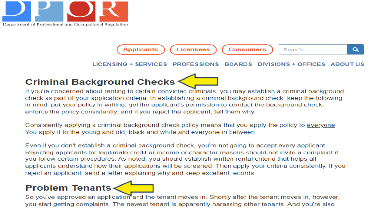Screenshot of Department of Professional and Occupational Regulation website page about criminal background checks with yellow arrow pointing to problem tenants.
