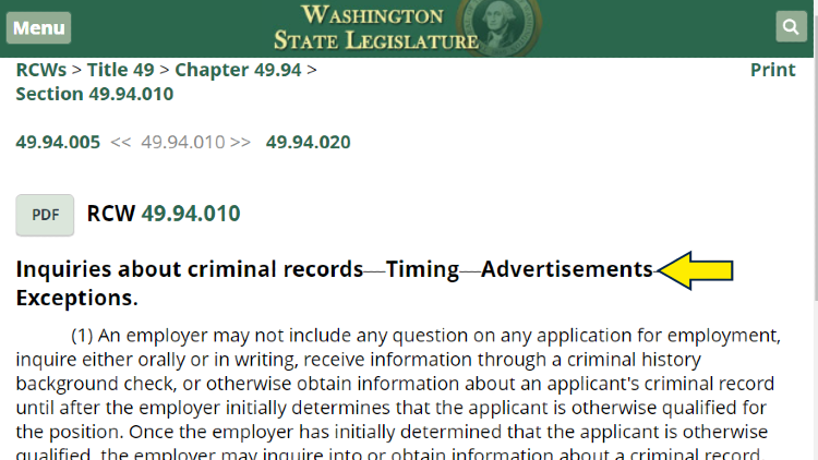 Screenshot of Washington State Legislature website page for revised codes with yellow arrow on exceptions on inquiries about criminal records.