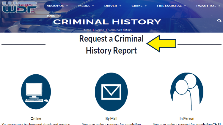 Screenshot of Washington State Patrol website page for criminal history with yellow arrow on how to request criminal history report. 