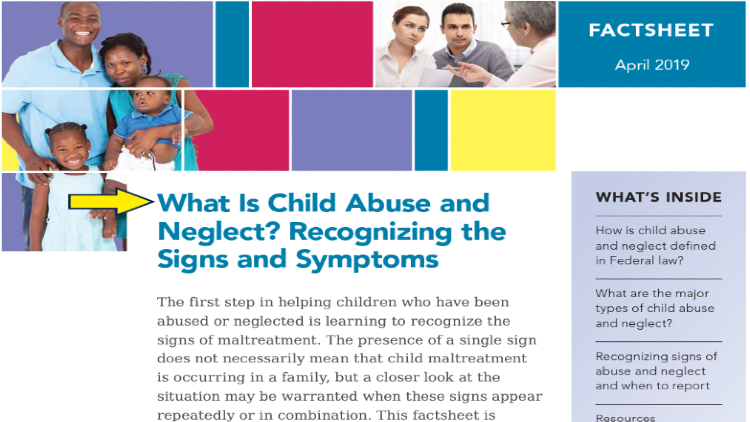 Screenshot of Child Welfare Information Gateway website page for factsheets with yellow arrow on what is child abuse and neglect and its signs and symptoms.
