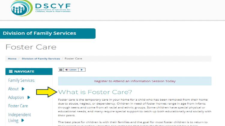Screenshot of Delaware government website page for Department of Services for Children, Youth and Their Families with yellow arrow on what is foster care.