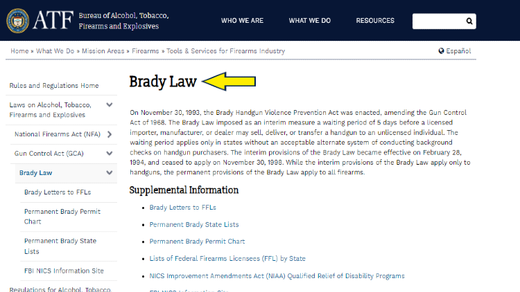 Screenshot of U.S. Department of Justice website page for ATF with yellow arrow on Brady Law.