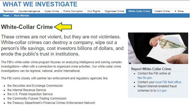 Screenshot of FBI website page about investigation with yellow arrow pointing to white-collar crime.
