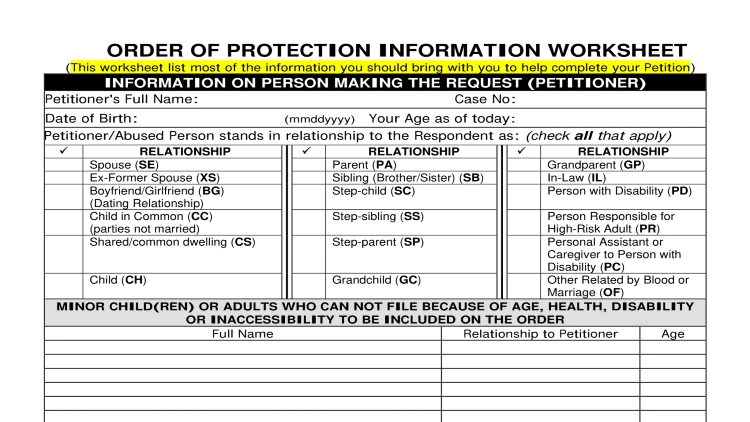 Screenshot of 19th Judicial Circuit Court Lake County, Illinois website page for forms showing an order of protection information worksheet.
