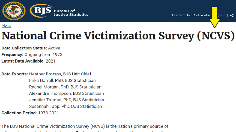 Screenshot of Bureau of Justice Statistics website page about National Crime Victimization Survey