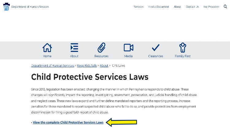 Screenshot of Child Protective Services Laws website page of Department of Human Services in Pennsylvania with yellow arrow pointing to all the CPS Laws.