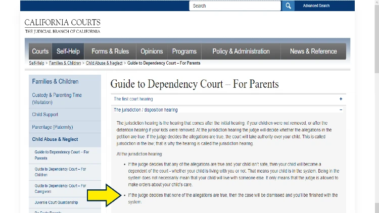 Screenshot of California Courts website page for child abuse and neglect with yellow arrow on how dependency cases are dismissed.