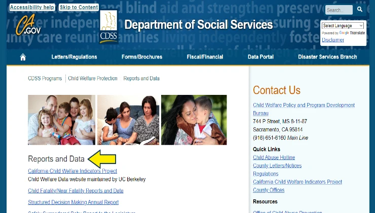 Screenshot of California Department of Social Services website page for child welfare protection with yellow arrow on CPS reports and data.