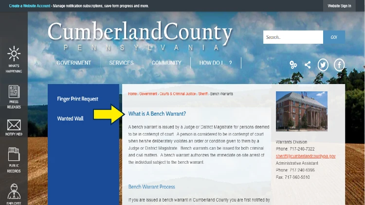 Screenshot of County of Cumberland website page for bench warrants with yellow arrow on what is a bench warrant.
