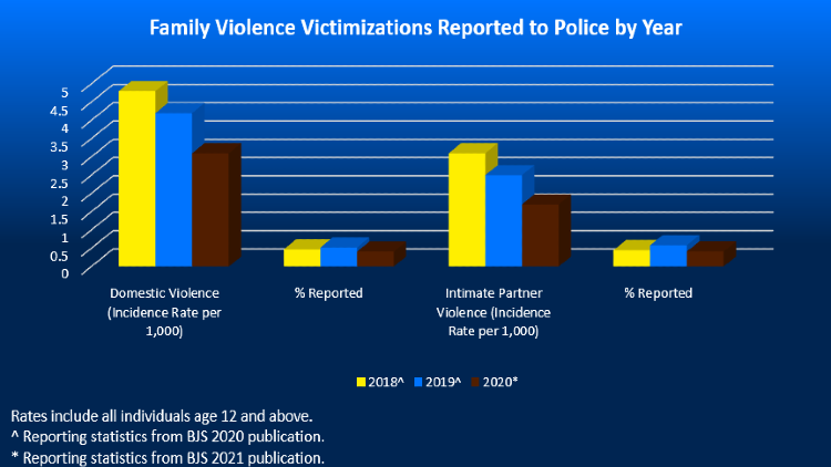 Chart that shows National Crime Victimization Survey Data on Family Violence Reporting per Domestic Violence and Intimate Partner Violence (Incidence Rate per 1,000) in years of 2018 up to 2021.