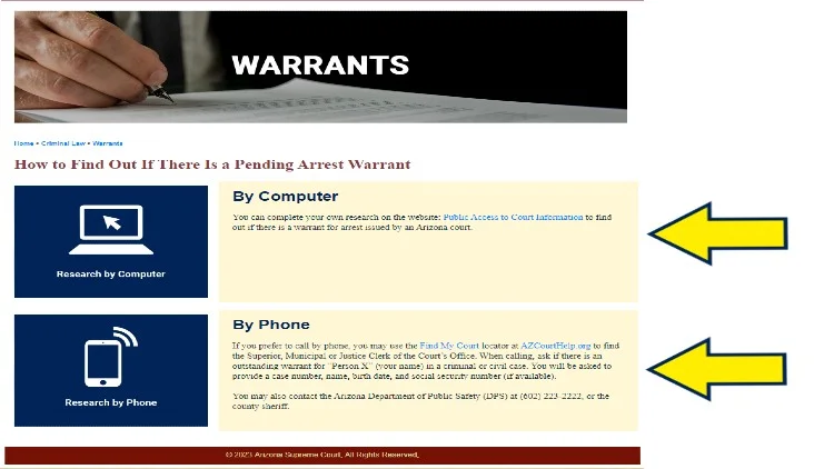 Screenshot of a government website page about Warrants with yellow arrows pointing to Computer and Phone as ways to know if there is a pending arrest warrant.