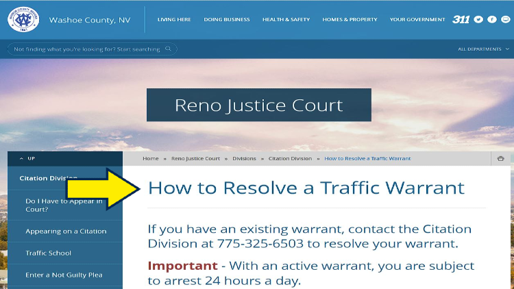 Screenshot of Reno Justice Court website page about traffic warrants with yellow arrow pointing to resolving a traffic warrant.