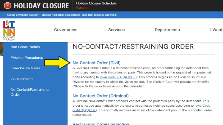 Screenshot of Linn County, Iowa website page for no-contact/restraining order with yellow arrow on civil type of no-contact order.